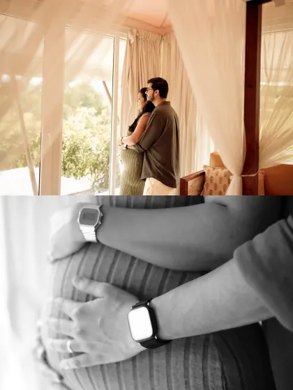 A collage showing the couple looking out a window together, and a close-up of their hands on the baby bump. It’s a beautiful mix of a wide, hopeful view and an intimate detail.
