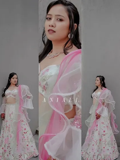 A collage showcasing the details of Anjali's Carnival look, from the floral lehenga to the ruffled dupatta and the soft, romantic makeup.