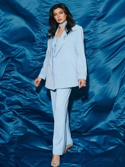 The stunning Sushmita Sen in a head to toe powder blue ensemble. I styled her in this elegant pantsuit with a matching top and choker for a look that is both powerful and graceful.