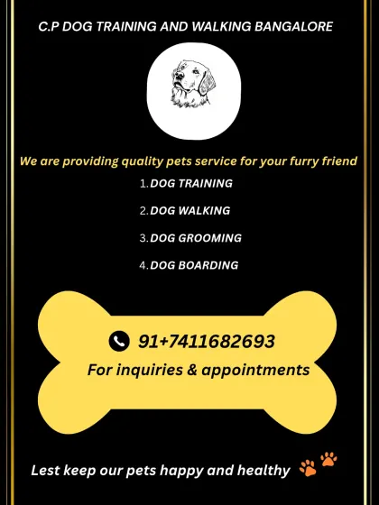 Our black-and-yellow service card lists dog grooming as part of C.P Dog Training and Walking's pet-care work in Bengaluru.