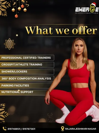 A Christmas and New Year offer graphic. It lists some of our key offerings like professional certified trainers, CrossFit, and nutritional support, announcing a 30% discount on annual memberships.