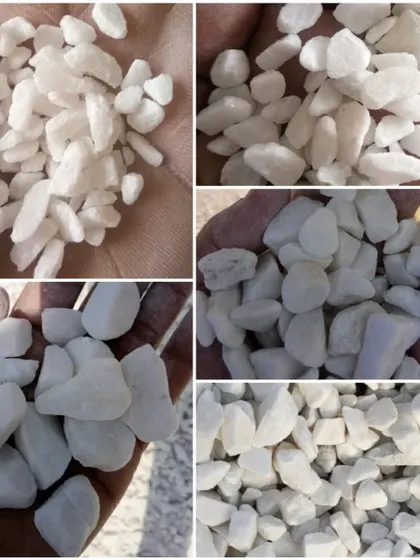 A collage showing various sizes of white unpolished pebbles and chips that I supply.