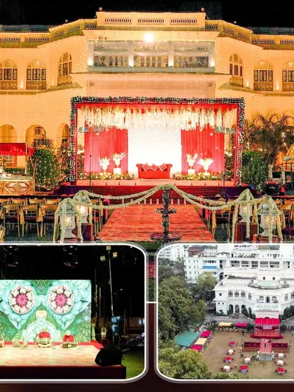 A collage showcasing a grand wedding venue, including an aerial view, the main stage, and the LED screen setup. We offer drone photography to capture your venue's full splendor.