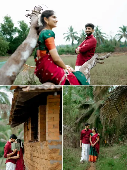 A collection of moments from a rustic pre-wedding shoot. It includes playful interactions, a quiet moment by an old mud house, and a romantic walk through the greenery.