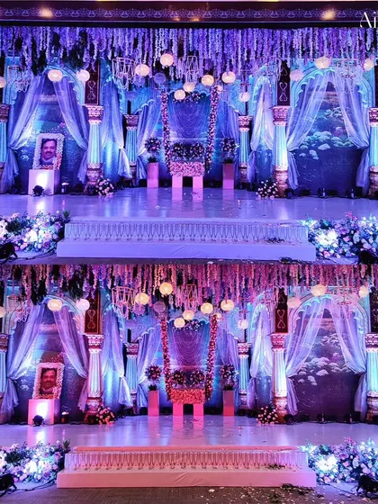 A closer look at the Pichwai-inspired stage, highlighting the intricate details of the backdrop and the dramatic lighting that brings the entire scene to life.