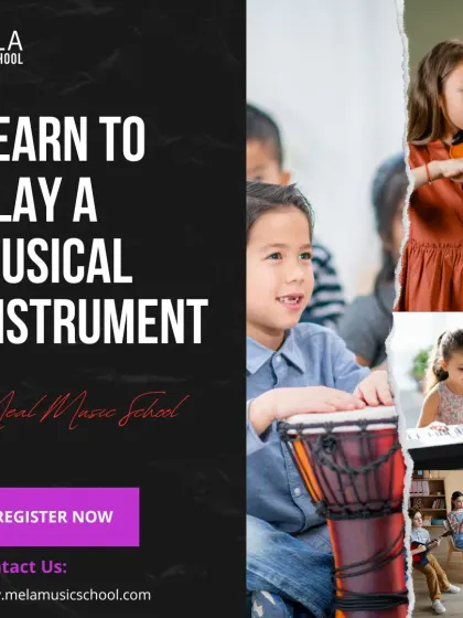 Learn to play a musical instrument with us. This collage shows the diversity of our student body and the variety of instruments we teach, including violin, djembe, and piano.