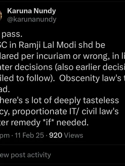 My legal opinion on the Supreme Court's judgment in Ramji Lal Modi. I argue that the precedent should be declared per incuriam, or wrong, as it is inconsistent with later decisions and contributes to an overly broad application of obscenity laws.