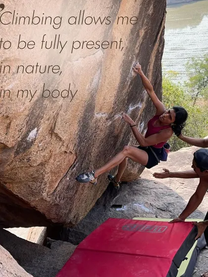 "Climbing allows me to be fully present, in nature, in my body." This quote from our founder Gowri, paired with an action shot, perfectly explains the mindful state that climbing induces.