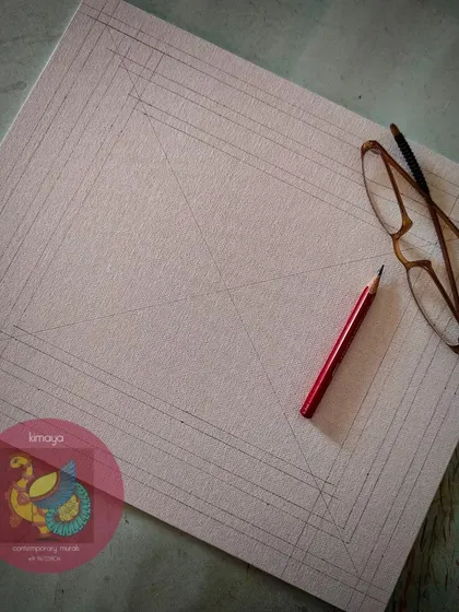 The initial sketch for the fusion Pichwai cow painting. It all starts with a pencil, my glasses, and a geometric grid to plan the unique composition.