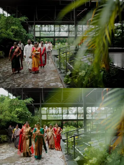 A collage capturing the serene and beautiful ambiance of a wedding venue, with guests arriving amidst lush greenery.