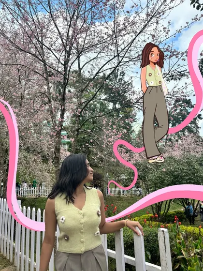A sweet cherry blossom look, paired with a soft and pretty cartoon illustration that captures the gentle vibe of the scene.