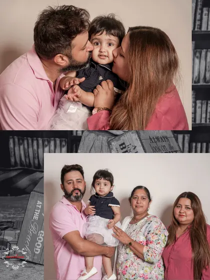 This collage highlights the love in a family with close-up kisses and a full group portrait from an indoor session.