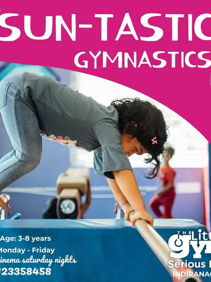 An advertisement for our "Sun-tastic Gymnastics" summer camp for ages 3-8, promising fun from Monday to Friday with special cinema nights.