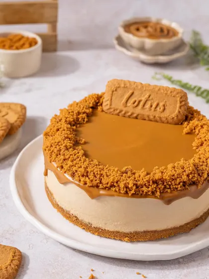 A slightly different angle of the Biscoff cheesecake, shot in bright, clean light to emphasize its creamy texture.