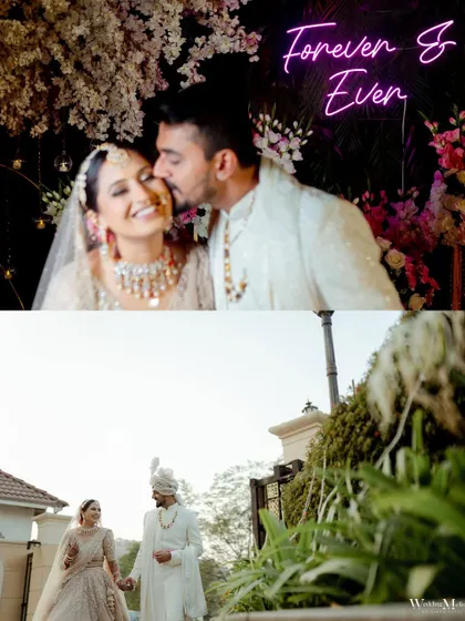 A collage celebrating the "Forever & Ever" of Nidhi and Ruchit's wedding day, from a sweet kiss under a neon sign to a walk through the venue.