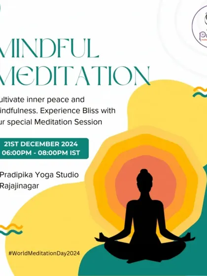 This graphic invites the community to a free "Dhyana Sadhana" or meditation practice for World Meditation Day. The event was designed to make the practical experience of meditation accessible to everyone, both in our studio and online.