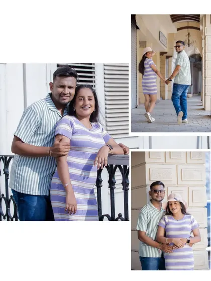 A collage showcasing various poses from a casual urban maternity shoot. It features the couple in different spots around a building with classic architecture, highlighting their connection in a modern, stylish setting.