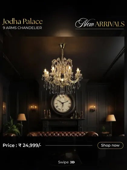 The 9 Arms Jodha Palace Chandelier is a versatile choice, shown here adding a touch of class to a study or library. Its timeless design complements the rich, dark wood and leather furniture.