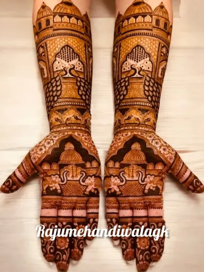 A grand design featuring palace architecture on both the palms and forearms, with peacocks and elephants adding to the royal theme.