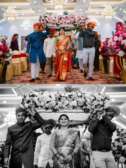 The bride's grand entrance under a 'phoolon ki chadar' (floral canopy).