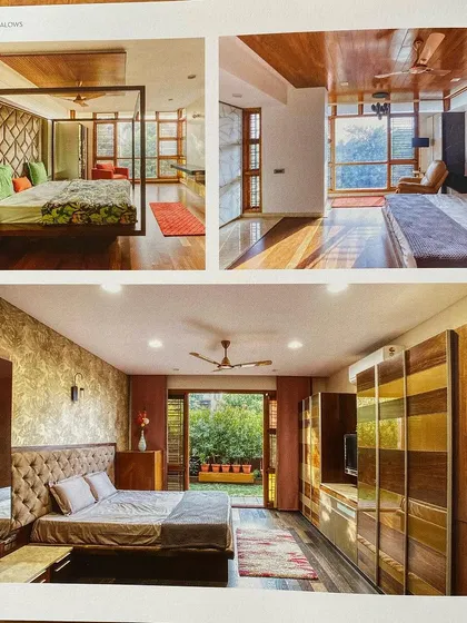 A collection of bedroom designs from "A Home by the Park." Each room is given its own character through different material palettes, custom woodwork, and connections to private outdoor spaces.