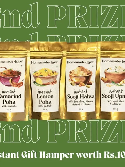 Another look at our Diwali giveaway prize. We believe in sharing happiness, and what better way than with a hamper full of our instant homemade treats.