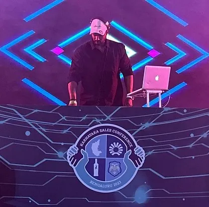The view from the side of the stage, showing the lighting trusses and my DJ console.