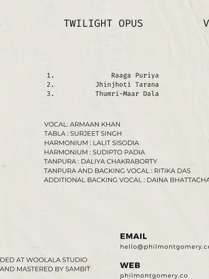 The tracklist and credits for "Twilight Opus". You can see my name listed for tabla. The album was recorded at Woolala Studio.
