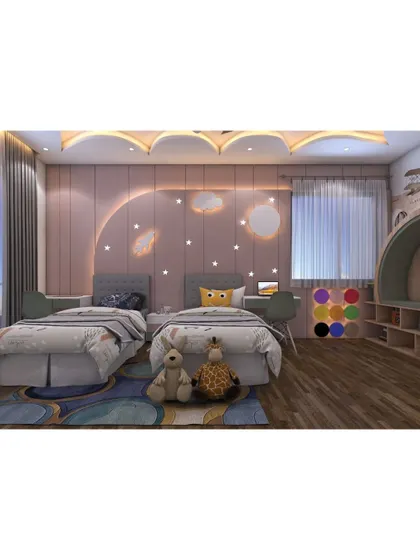 A shared children's bedroom with a celestial theme. The design includes custom beds, a starry-sky accent wall, and a creative, arched false ceiling to inspire sweet dreams.