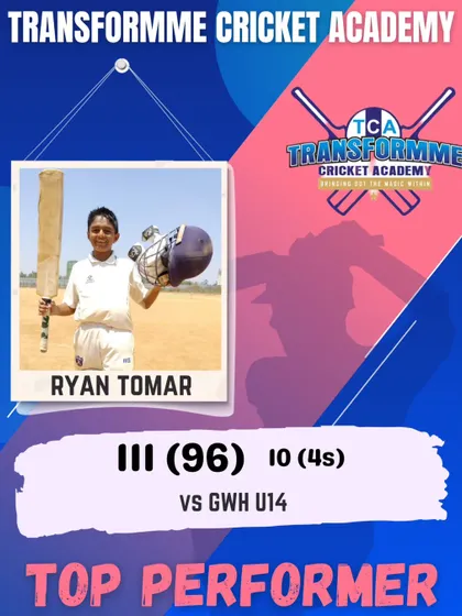A graphic celebrating Ryan Tomar's century, a key performance in the U-14 tournament.