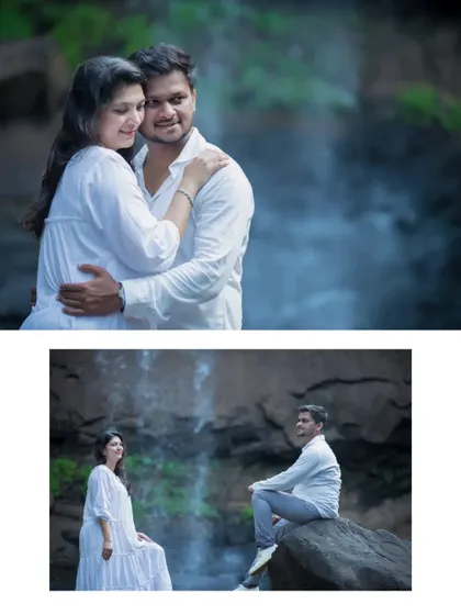 A collage from the waterfall maternity session, showing a mix of couple portraits and individual shots. This highlights the different compositions possible in one location, from intimate embraces to contemplative solo poses.
