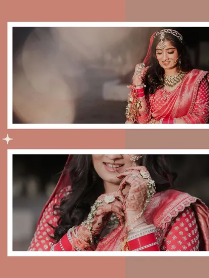 A diptych of the bride, with close-ups on her face and hands. These shots highlight her delicate expressions, jewelry, and the traditional kaleeras.