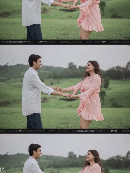 A collage of the couple dancing and interacting in the open field.