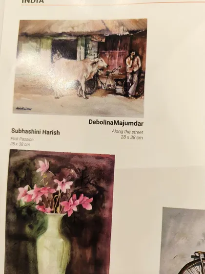 A clearer shot of my artwork in the exhibition catalogue, placed next to another talented Indian artist's work.