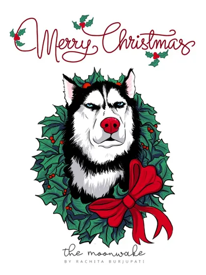 A grumpy-looking husky turned into Rudolph for a Christmas-themed illustration. This is a fun example of how we can create seasonal and themed pet portraits.