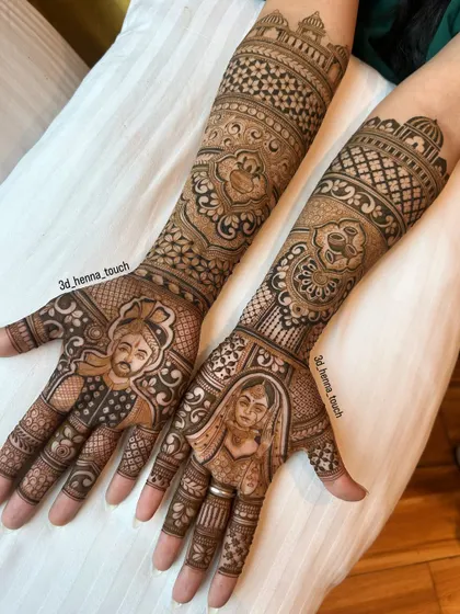 A classic bride and groom portrait design. The intricate details in their attire and the surrounding patterns make this a timeless choice for any bride.