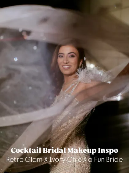 This bride is having fun with her cocktail look, and her makeup is designed to move with her. The soft shimmer and retro waves are perfect for a night of dancing.