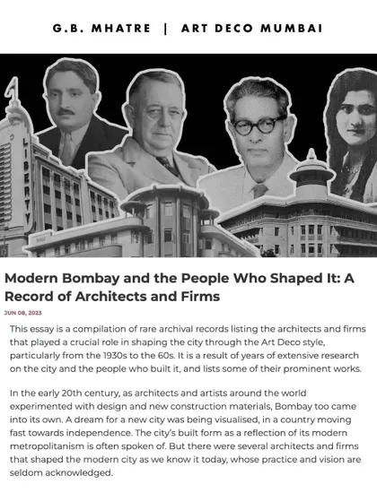 Another feature on the work of G.B. Mhatre, who was part of a group of architects that shaped modern Bombay from the 1930s to the 60s. This legacy is a constant source of inspiration for our practice.