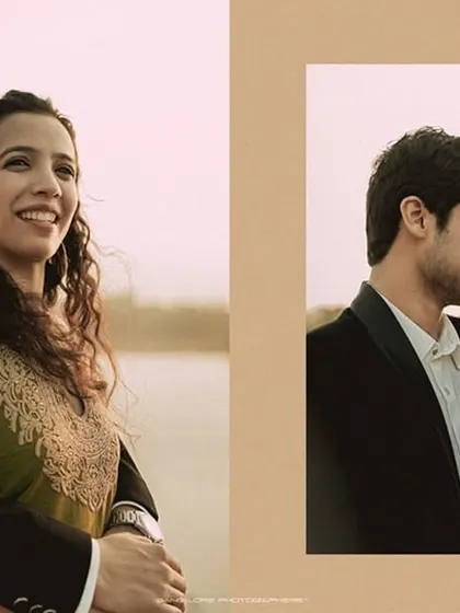 A collage of a couple's pre-wedding moments. The warm, sunset tones and their happy smiles create a romantic and heartfelt collection.