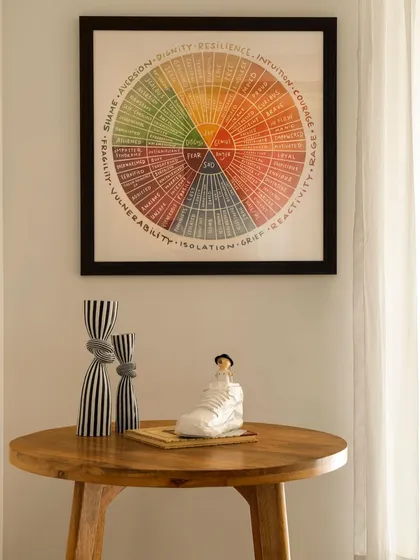 Art and decor in the clinic are chosen to be both beautiful and thought-provoking. An "emotion wheel" hangs on the wall, a tool that aligns with the clinic's holistic approach to child wellness.