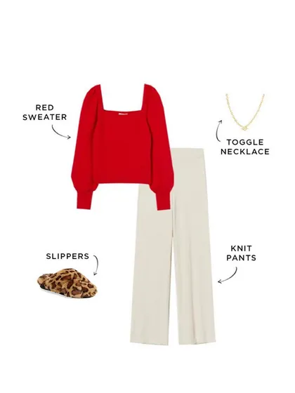 For a cozy holiday at home, you can still feel festive. Pair your red sweater with comfortable knit pants and some fun leopard print slippers.
