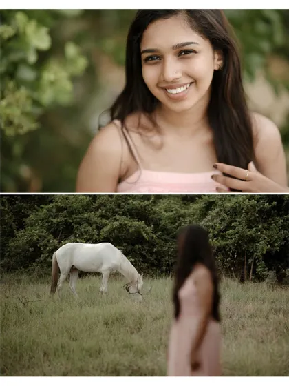 This collage tells a story of a girl in nature. It pairs a beautiful, smiling portrait with a more whimsical shot featuring a white horse, creating a narrative of peace and connection with the outdoors.