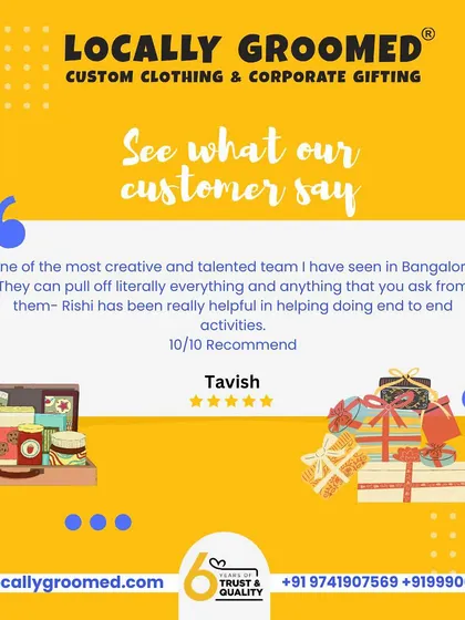 Tavish gives us a 10/10 recommendation, calling us one of the most creative and talented teams in Bangalore. This review highlights our ability to handle end-to-end event and gifting activities.