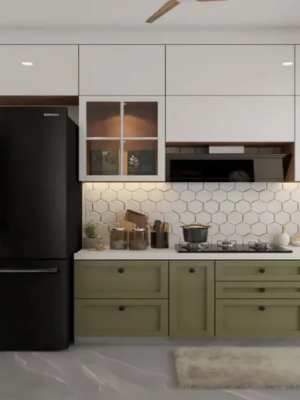 Another variation of the 3D design, this time with olive green shaker cabinets on the bottom and clean white cabinets on top. This process allows for easy customization of colors and styles.