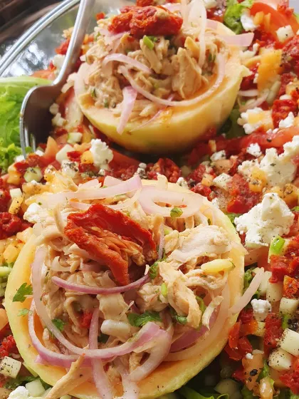 Our melon and chicken salad combines pickled onions and sundried tomatoes, with the little portions served inside melon halves.