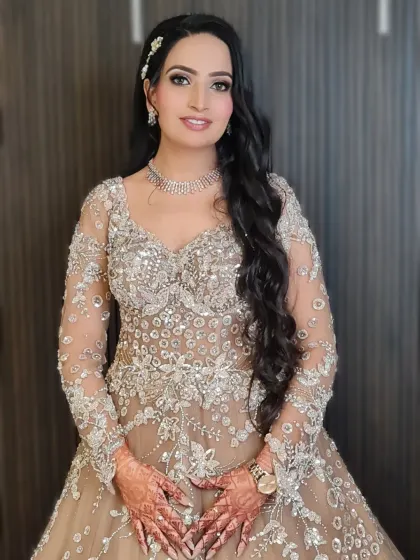 A full view of my beautiful engagement bride. Her glowing makeup complements her stunning embellished gown perfectly.