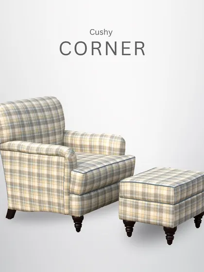 This armchair and ottoman set, upholstered in a classic plaid fabric, is the perfect addition to a cozy corner. The turned wooden legs add a touch of traditional charm.