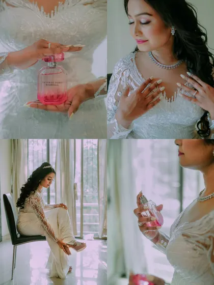 A collage of the bride getting ready, capturing the details from her perfume to her final look.