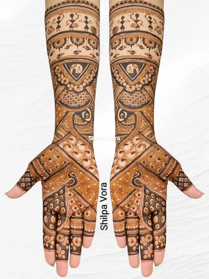 The Warli bridal design on a clean white background, emphasizing the unique blend of folk art and classic henna.