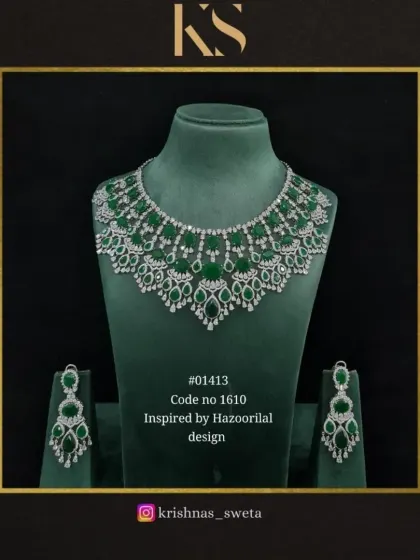 A beautiful emerald green version of our Hazoorilal-inspired American Diamond set.